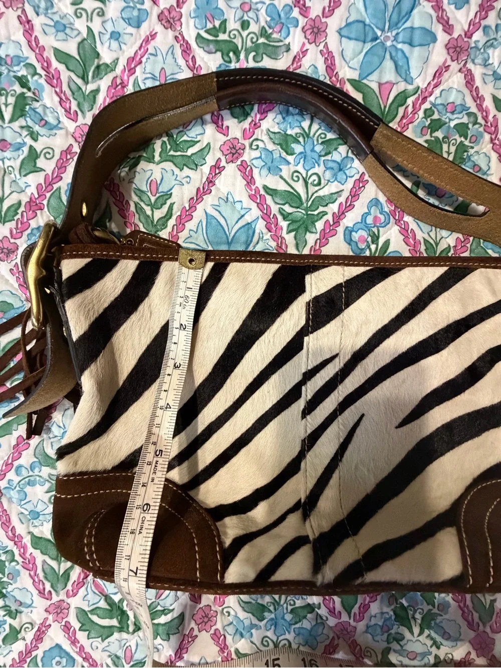 Coach Zebra Hair-On-Hide Shoulder Bag with Brown Suede Trim
